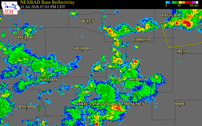 NEXRAD radar during the Friday, July 31, 2026 storm activity in Socorro County, New Mexico