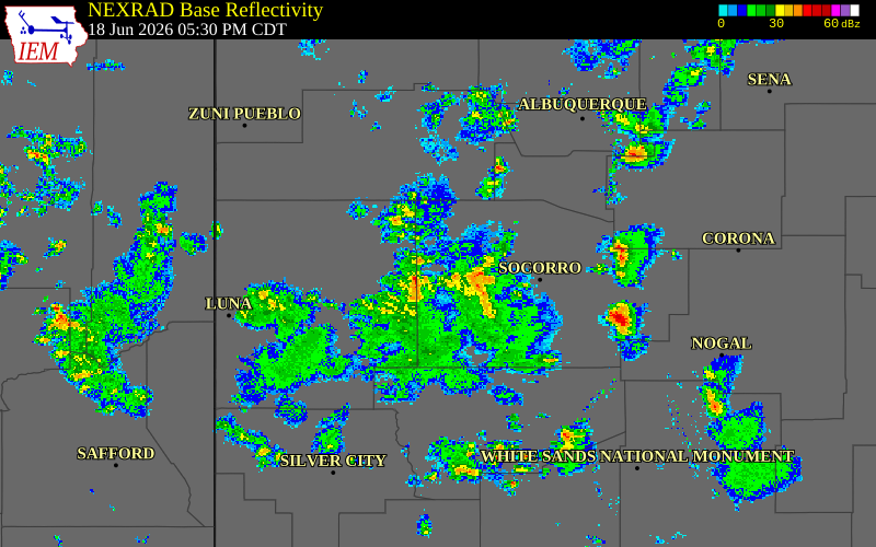 Radar snapshot during the Jun 18, 2026 tornado event near 2 ENE National Radio As, Socorro County, New Mexico, with NWS warning polygons
