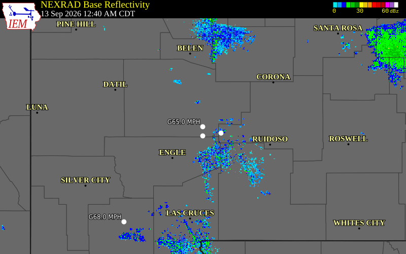 Current NEXRAD radar over Socorro County, New Mexico with recent storm report locations