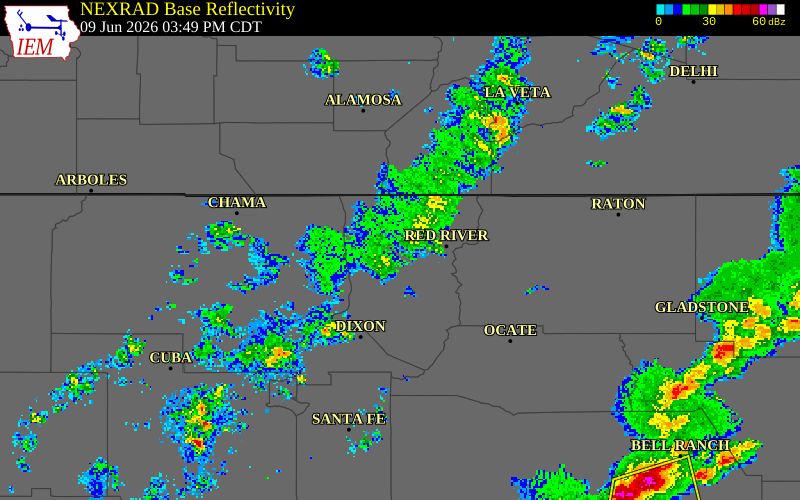 NEXRAD radar during the Tuesday, June 9, 2026 storm activity in Taos County, New Mexico