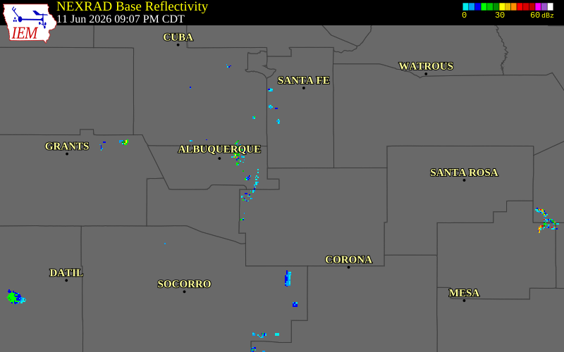 NEXRAD radar during the Thursday, June 11, 2026 storm activity in Torrance County, New Mexico