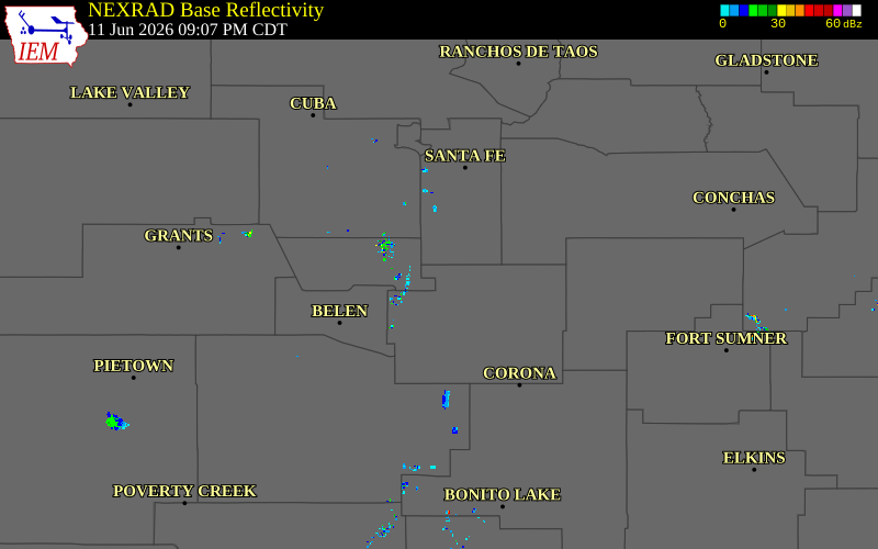 Radar snapshot during the Jun 11, 2026 wind event near 5 WSW Moriarty, Torrance County, New Mexico, with NWS warning polygons