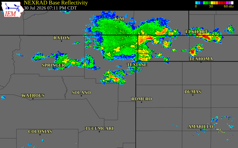 NEXRAD radar during the Thursday, July 30, 2026 storm activity in Union County, New Mexico