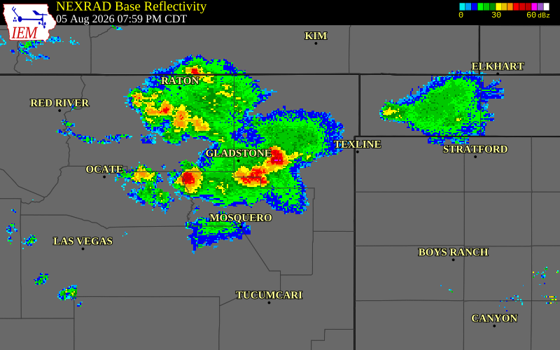 NEXRAD radar during the Wednesday, August 5, 2026 storm activity in Union County, New Mexico