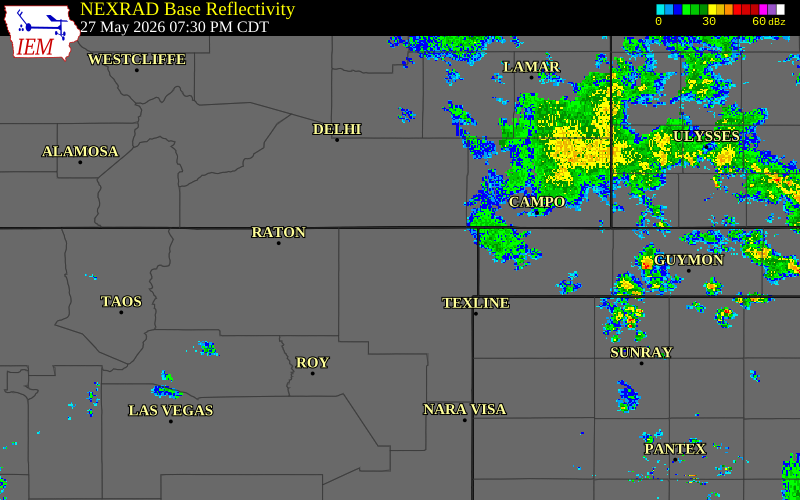 Radar snapshot during the Sep 16, 2025 hail event near 2 W Clayton, Union County, New Mexico, with NWS warning polygons
