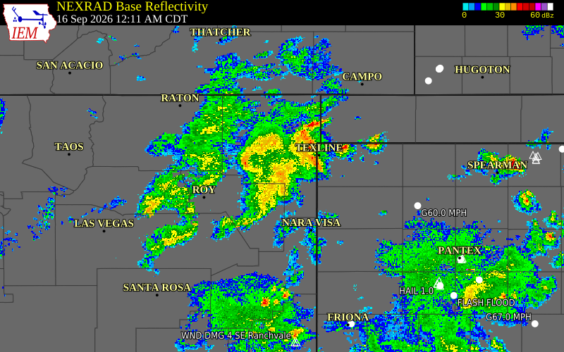 Current NEXRAD radar over Union County, New Mexico with recent storm report locations