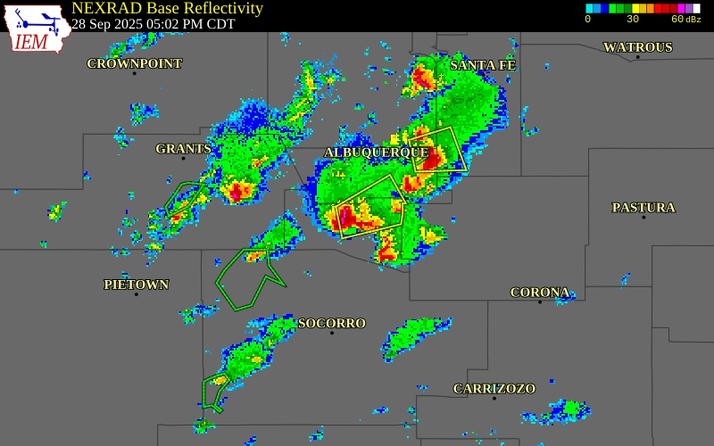 NEXRAD radar during the Sunday, September 28, 2025 storm activity in Valencia County, New Mexico