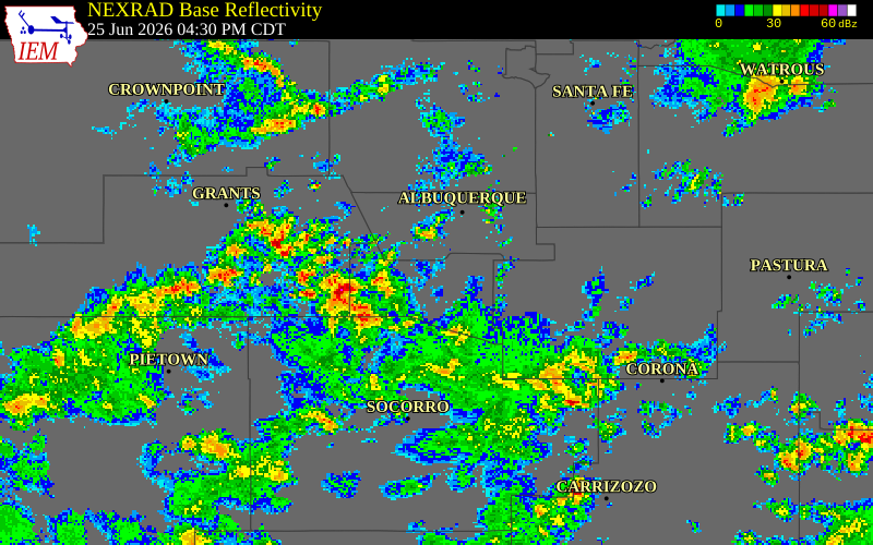 NEXRAD radar during the Thursday, June 25, 2026 storm activity in Valencia County, New Mexico