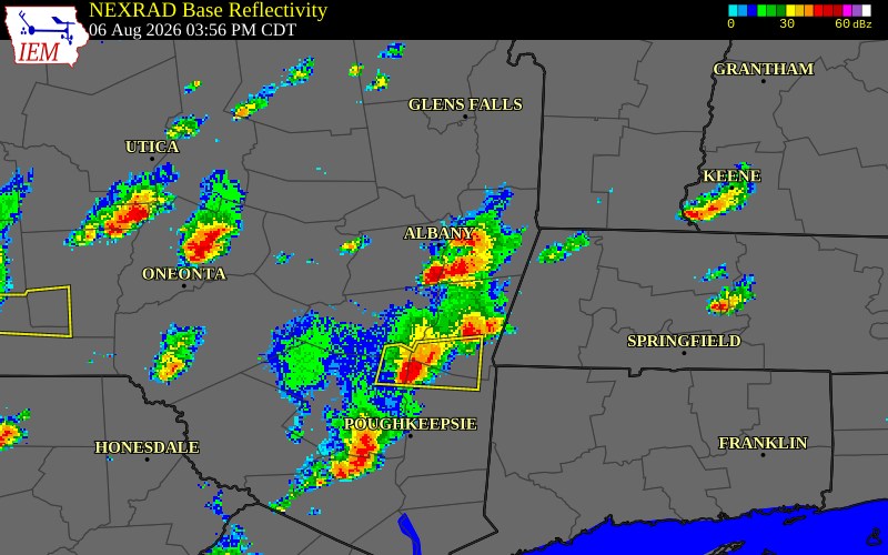 NEXRAD radar during the Thursday, August 6, 2026 storm activity in Albany County, New York
