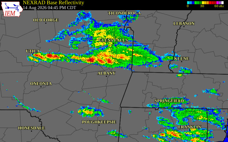 NEXRAD radar during the Friday, August 14, 2026 storm activity in Albany County, New York