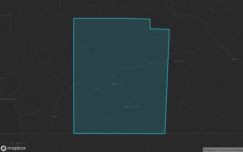 Map of Allegany County, New York showing the county boundary and surrounding cities