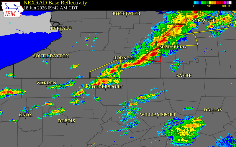 NEXRAD radar during the Thursday, June 18, 2026 storm activity in Allegany County, New York