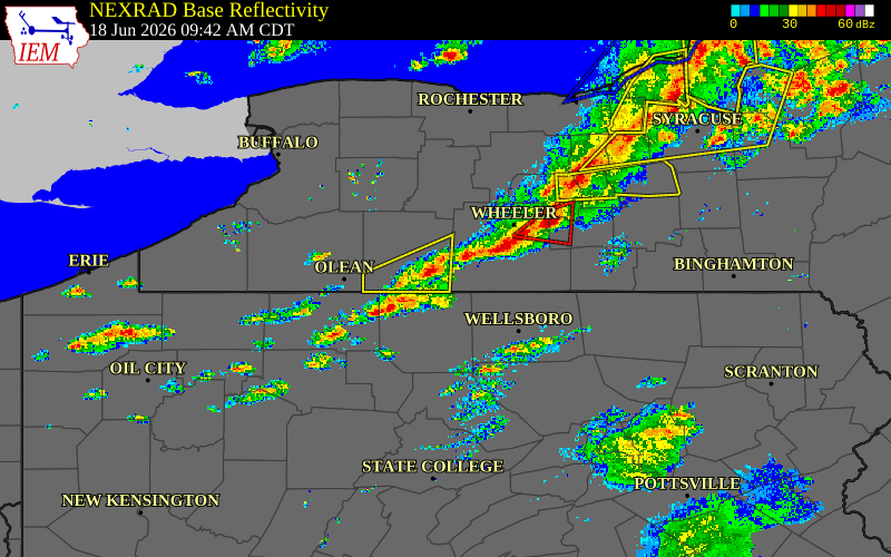 Radar snapshot during the Jun 18, 2026 wind event near 4 NNW Whitesville, Allegany County, New York, with NWS warning polygons