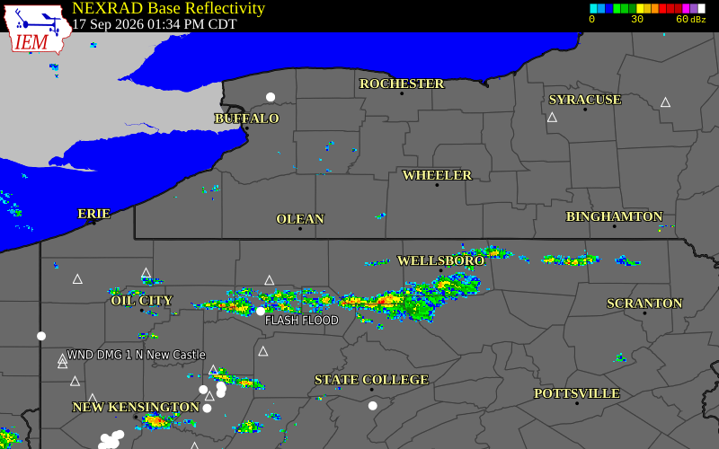 Current NEXRAD radar over Allegany County, New York with recent storm report locations