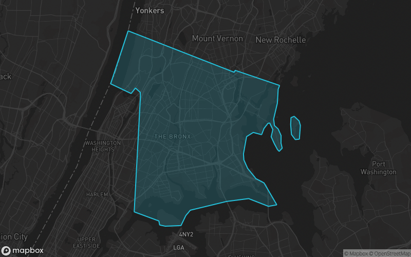 Map of Bronx County, New York showing the county boundary and surrounding cities