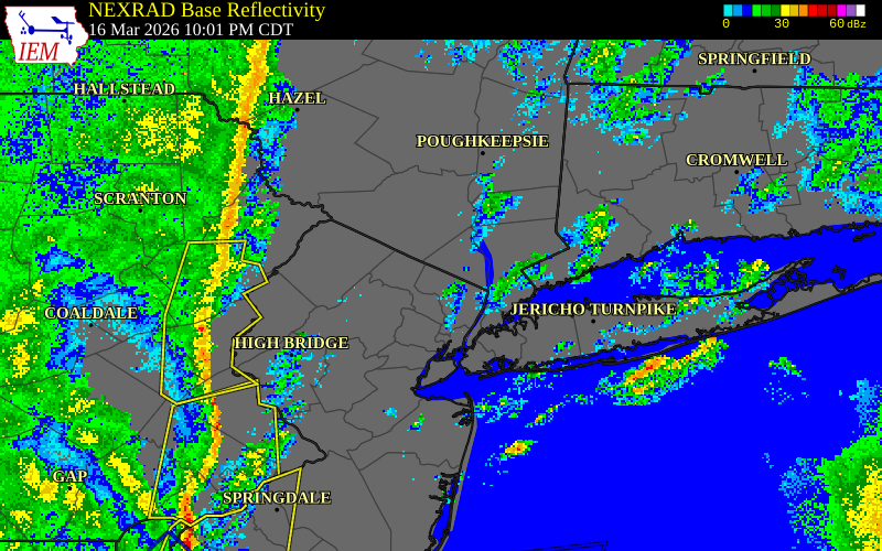 NEXRAD radar during the Monday, March 16, 2026 storm activity in Bronx County, New York