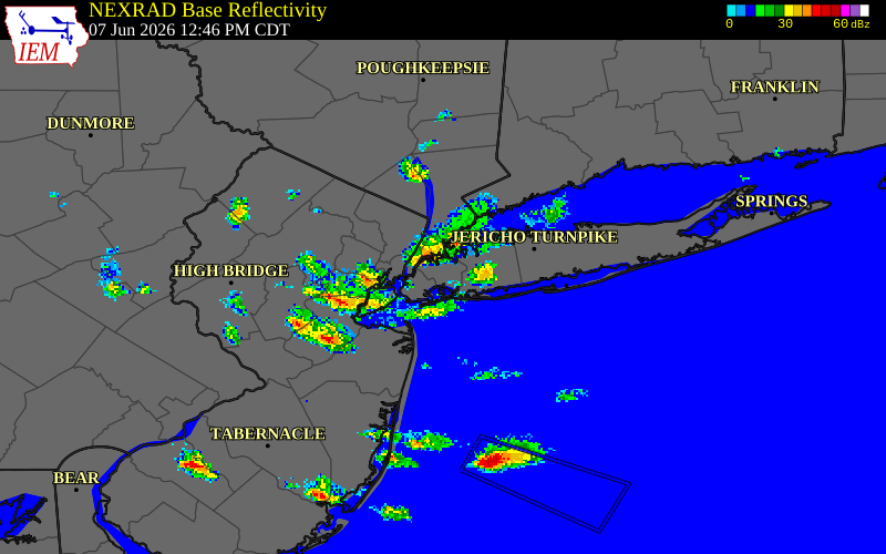 NEXRAD radar during the Sunday, June 7, 2026 storm activity in Bronx County, New York