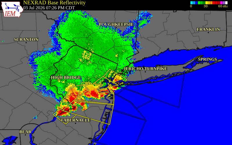 NEXRAD radar during the Friday, July 3, 2026 storm activity in Bronx County, New York