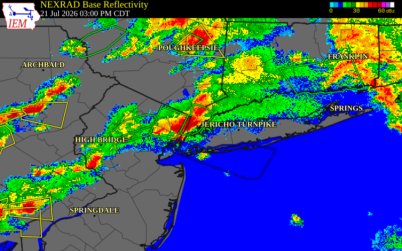 NEXRAD radar during the Tuesday, July 21, 2026 storm activity in Bronx County, New York