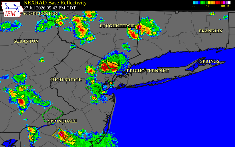 NEXRAD radar during the Monday, July 27, 2026 storm activity in Bronx County, New York