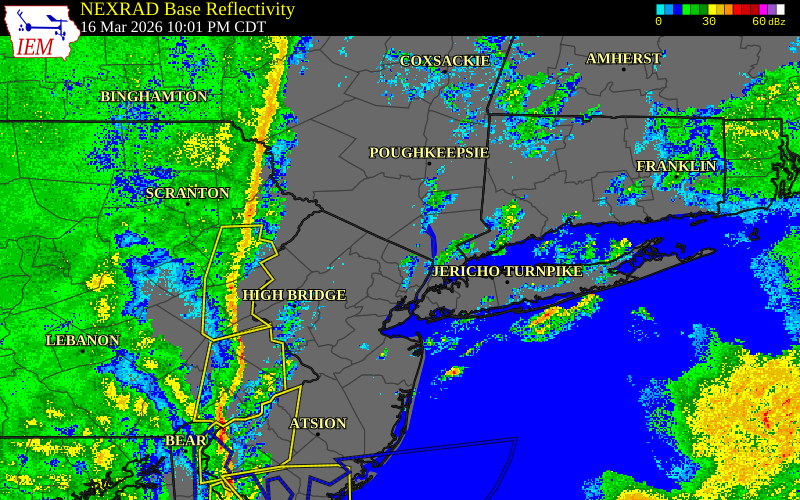 Radar snapshot during the Mar 16, 2026 wind event near Bronx County, Bronx County, New York, with NWS warning polygons