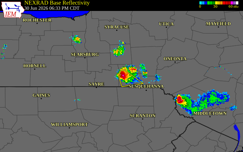 NEXRAD radar during the Tuesday, June 30, 2026 storm activity in Broome County, New York
