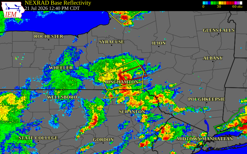 Radar snapshot during the Jul 21, 2026 tornado event near 5 NNW Chenango Forks, Broome County, New York, with NWS warning polygons