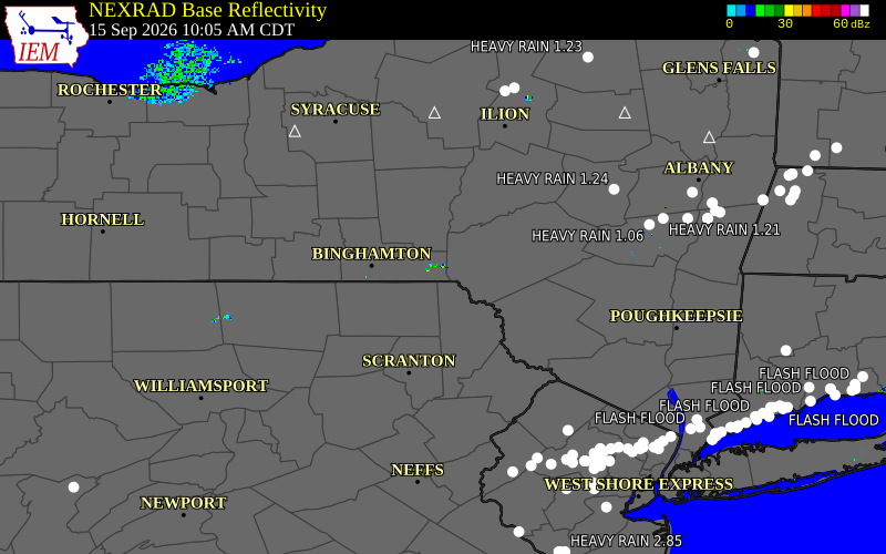 Current NEXRAD radar over Broome County, New York with recent storm report locations
