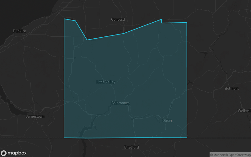 Map of Cattaraugus County, New York showing the county boundary and surrounding cities