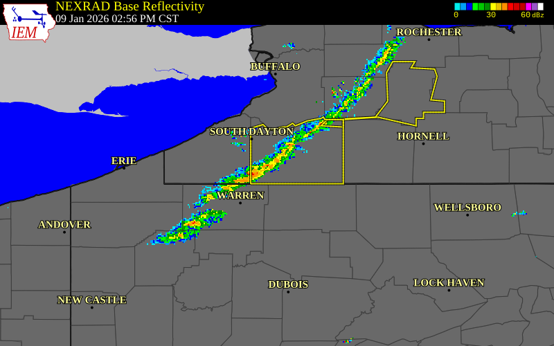 NEXRAD radar during the Friday, January 9, 2026 storm activity in Cattaraugus County, New York