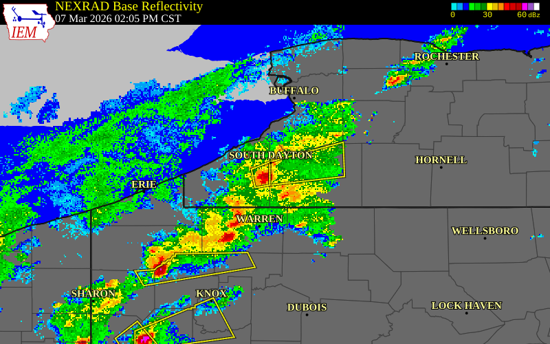 NEXRAD radar during the Saturday, March 7, 2026 storm activity in Cattaraugus County, New York