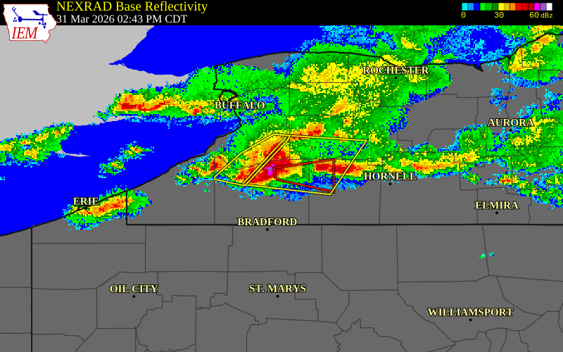 NEXRAD radar during the Tuesday, March 31, 2026 storm activity in Cattaraugus County, New York