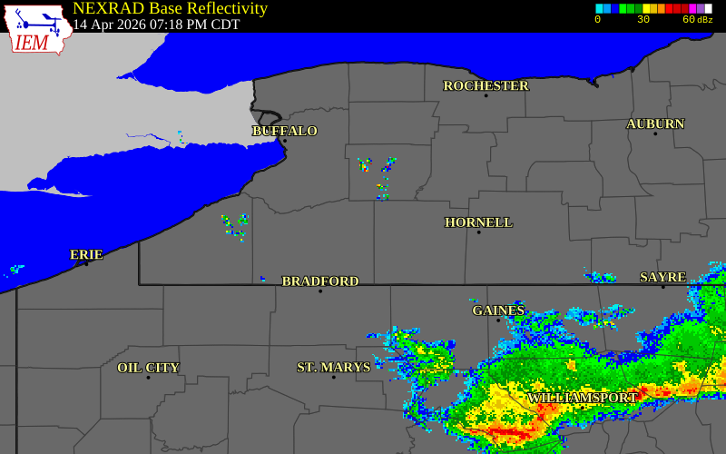 NEXRAD radar during the Tuesday, April 14, 2026 storm activity in Cattaraugus County, New York