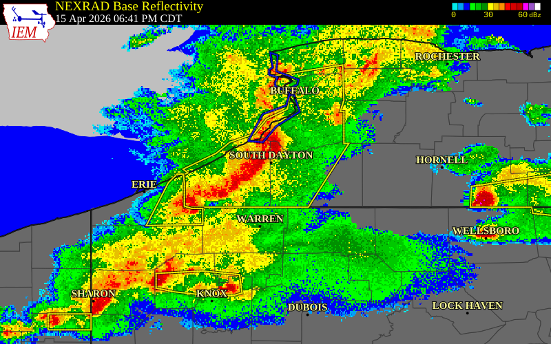 NEXRAD radar during the Wednesday, April 15, 2026 storm activity in Cattaraugus County, New York