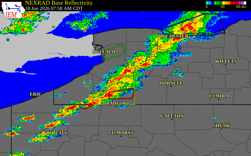 NEXRAD radar during the Thursday, June 18, 2026 storm activity in Cattaraugus County, New York