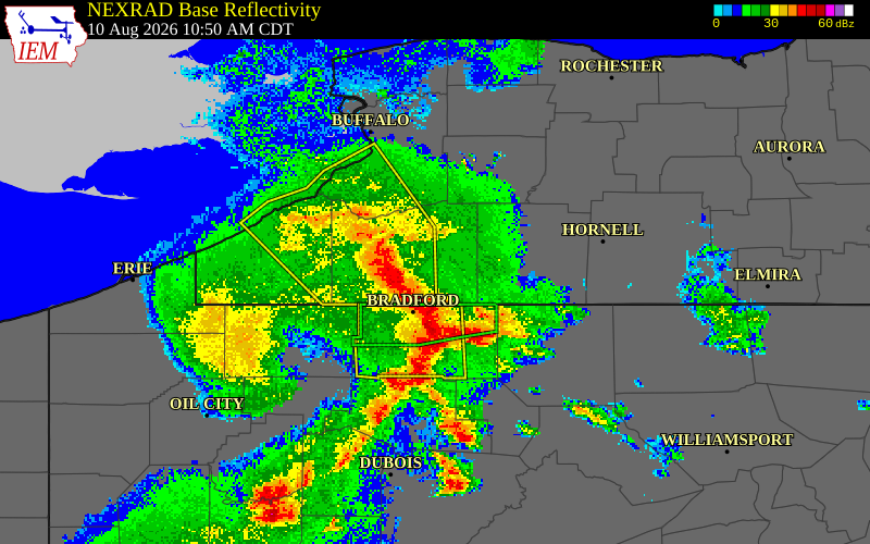 NEXRAD radar during the Monday, August 10, 2026 storm activity in Cattaraugus County, New York