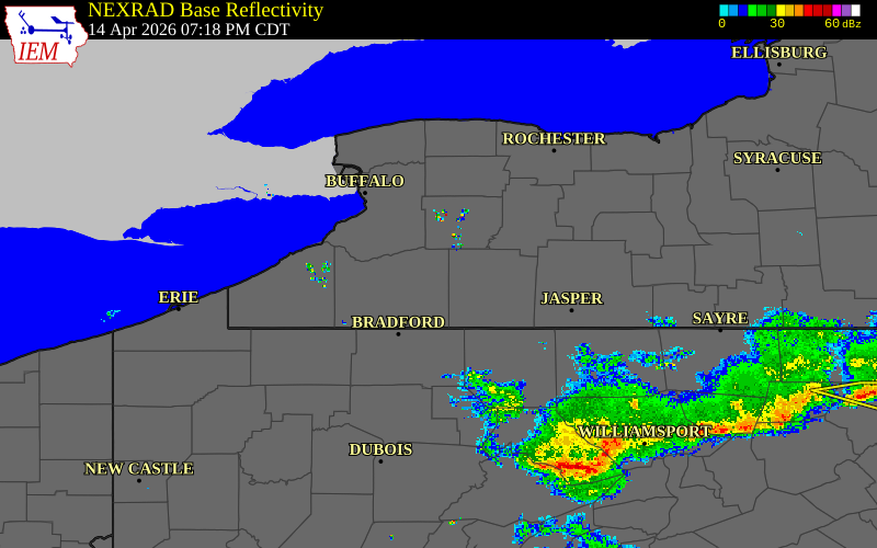 Radar snapshot during the Apr 14, 2026 tornado event near 5 ENE Franklinville, Cattaraugus County, New York, with NWS warning polygons