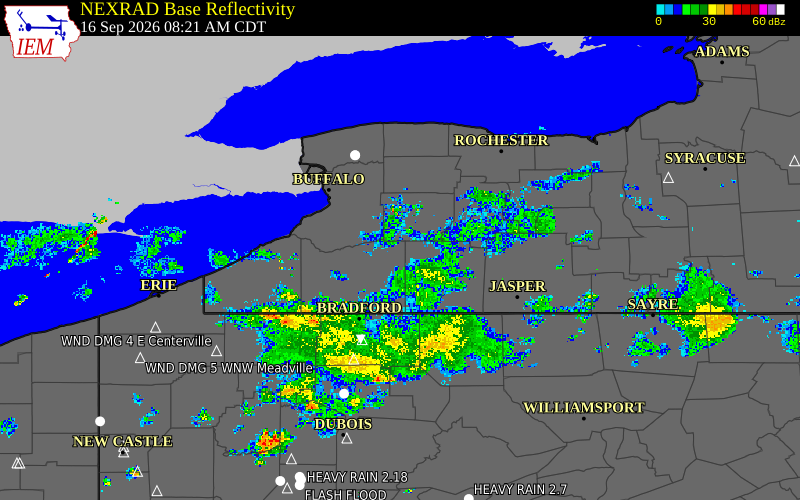 Current NEXRAD radar over Cattaraugus County, New York with recent storm report locations