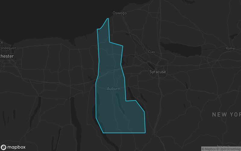 Map of Cayuga County, New York showing the county boundary and surrounding cities