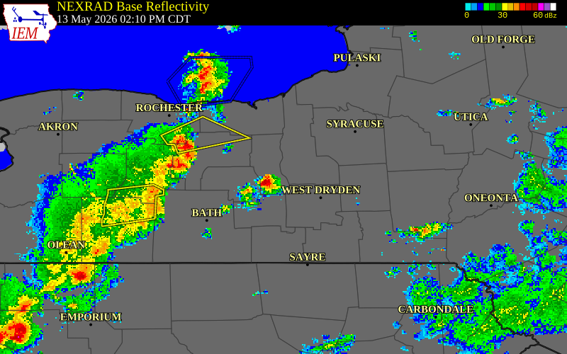 NEXRAD radar during the Wednesday, May 13, 2026 storm activity in Cayuga County, New York