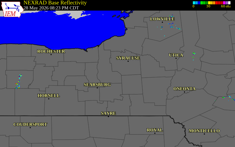 NEXRAD radar during the Thursday, May 28, 2026 storm activity in Cayuga County, New York