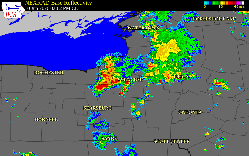 NEXRAD radar during the Wednesday, June 10, 2026 storm activity in Cayuga County, New York