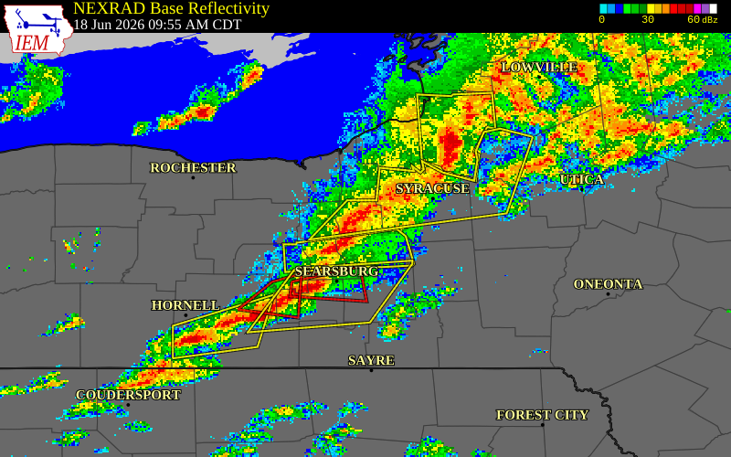 NEXRAD radar during the Thursday, June 18, 2026 storm activity in Cayuga County, New York