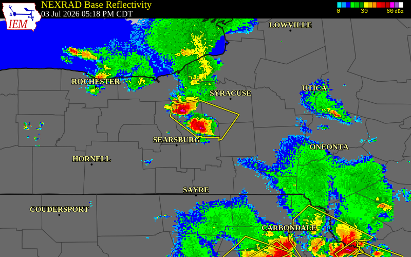 NEXRAD radar during the Friday, July 3, 2026 storm activity in Cayuga County, New York