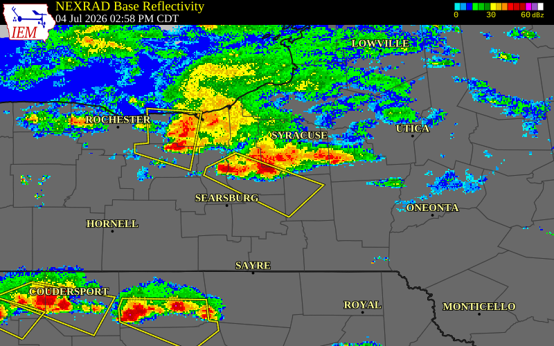 NEXRAD radar during the Saturday, July 4, 2026 storm activity in Cayuga County, New York