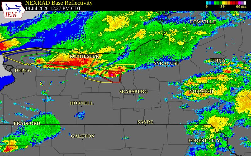 NEXRAD radar during the Saturday, July 18, 2026 storm activity in Cayuga County, New York