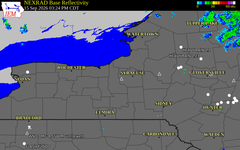 Current NEXRAD radar over Cayuga County, New York with recent storm report locations