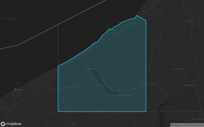 Map of Chautauqua County, New York showing the county boundary and surrounding cities