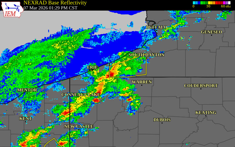 NEXRAD radar during the Saturday, March 7, 2026 storm activity in Chautauqua County, New York
