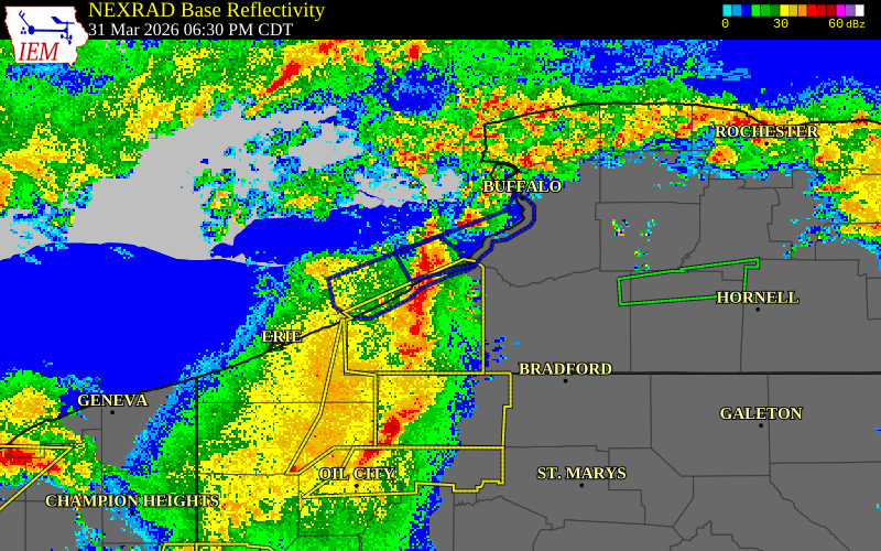 NEXRAD radar during the Tuesday, March 31, 2026 storm activity in Chautauqua County, New York